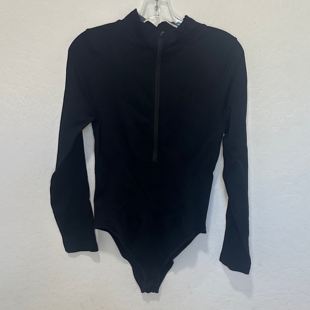 OQQ Black womens 1/4 zip front long sleeve bodysuit One‎ Piece button collar xl